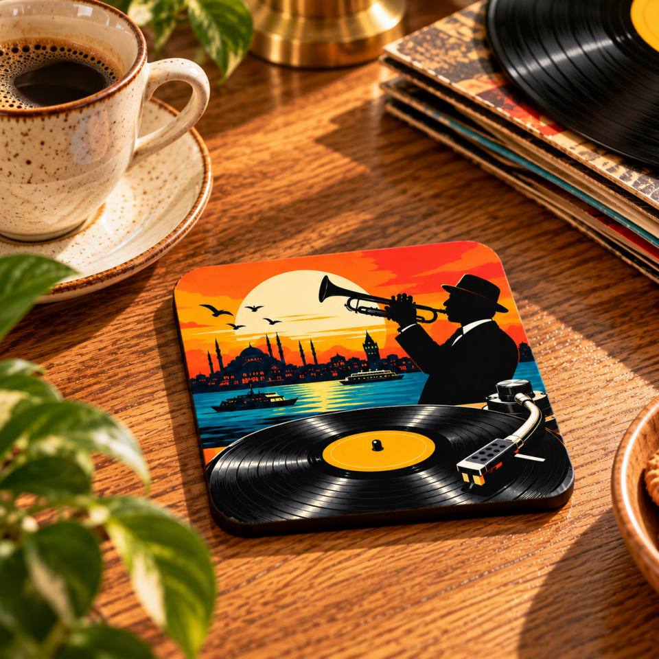 Caz ve Plak Temalı Dekoratif MDF Bardak Altlığı 10x10 cm