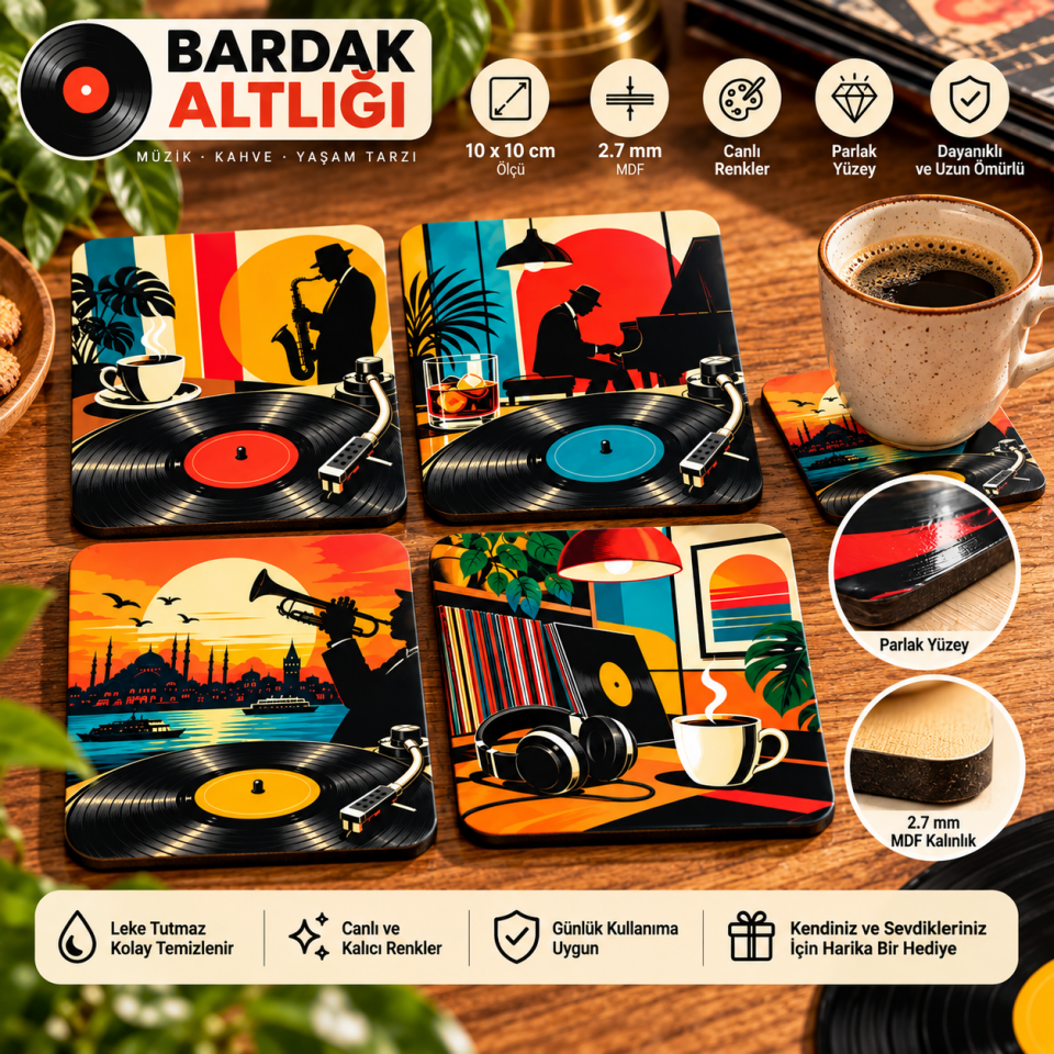Caz ve Plak Temalı Dekoratif MDF Bardak Altlığı 10x10 cm