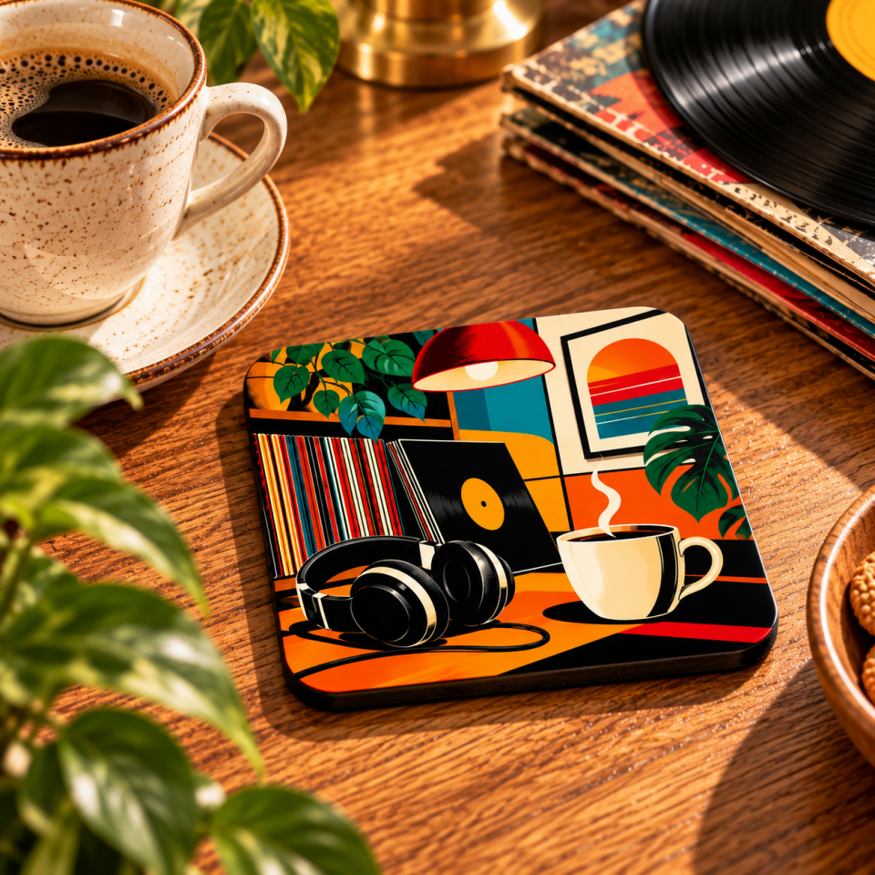 Caz ve Plak Temalı Dekoratif MDF Bardak Altlığı 10x10 cm