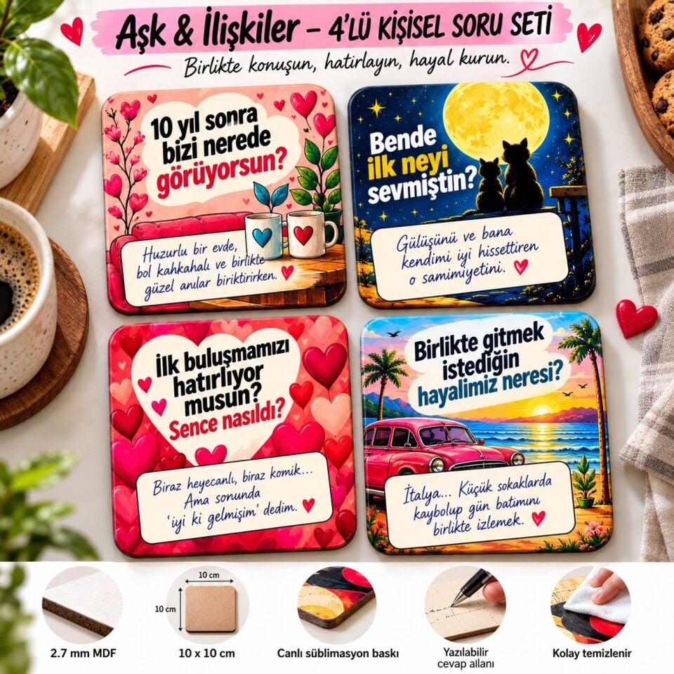 Aşk & İlişkiler Soru Temalı Dekoratif MDF Bardak Altlığı 4’lü Set