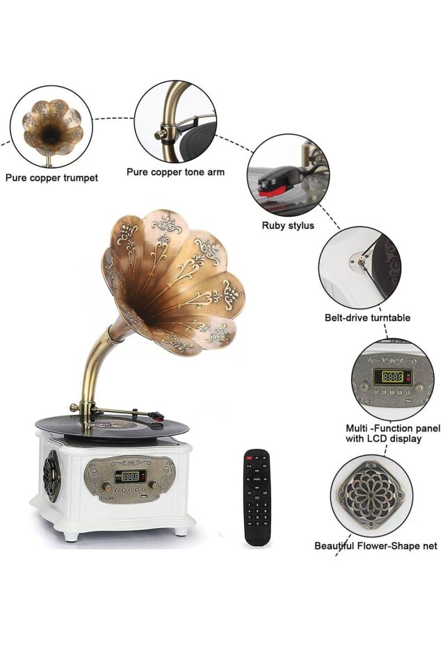 RMJ-209C Gramofon Pikap Radyo Bluetooth Usb Plak Çalar Beyaz