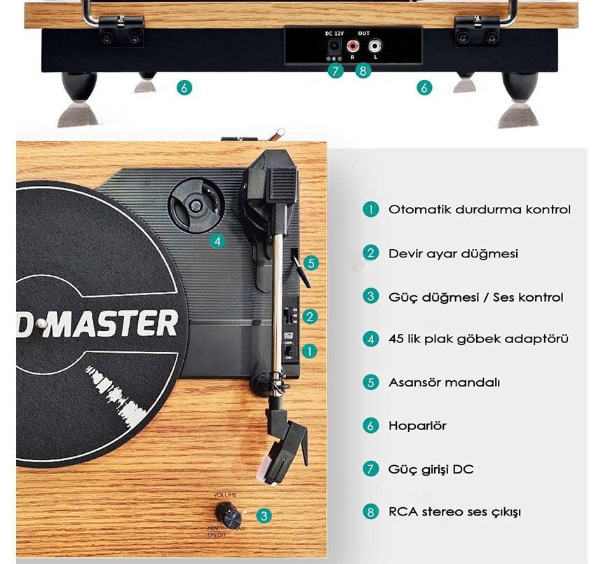 Record Master TT202J Retro Pikap Bluetooth Özellikli Tüm Plaklar İle Uyumlu