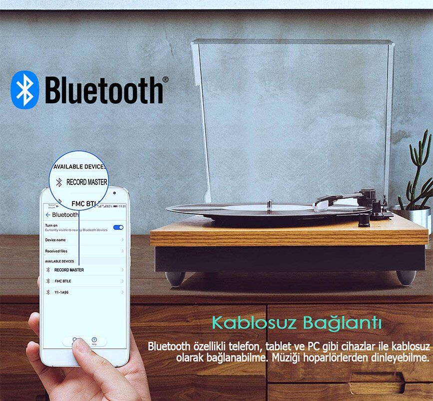 Record Master TT202J Retro Pikap Bluetooth Özellikli Tüm Plaklar İle Uyumlu
