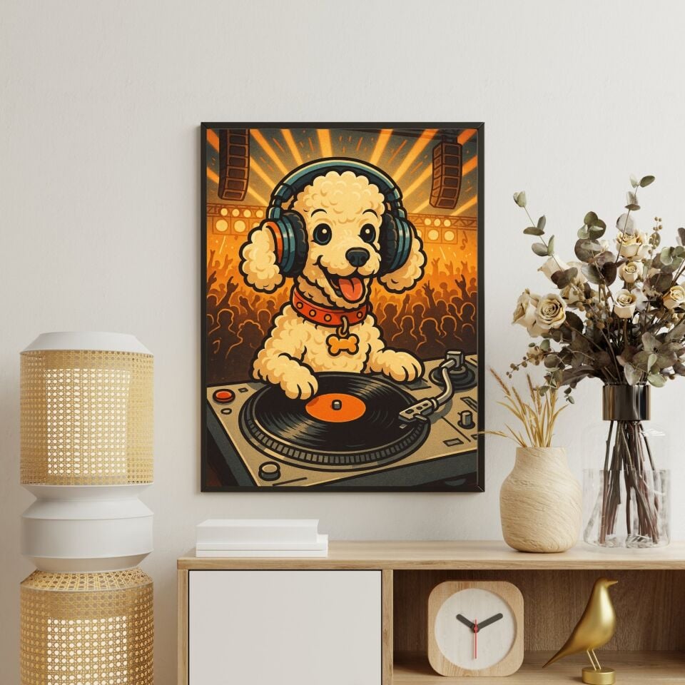 DJ Poodle Party Siyah Çerçeveli Duvar Tablosu