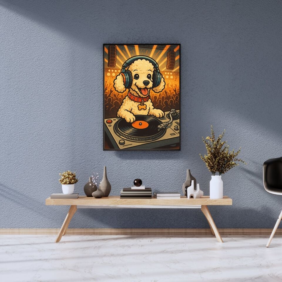 DJ Poodle Party Siyah Çerçeveli Duvar Tablosu