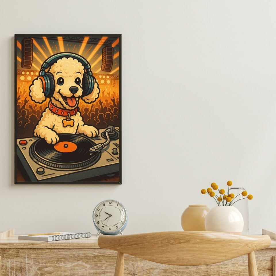 DJ Poodle Party Siyah Çerçeveli Duvar Tablosu