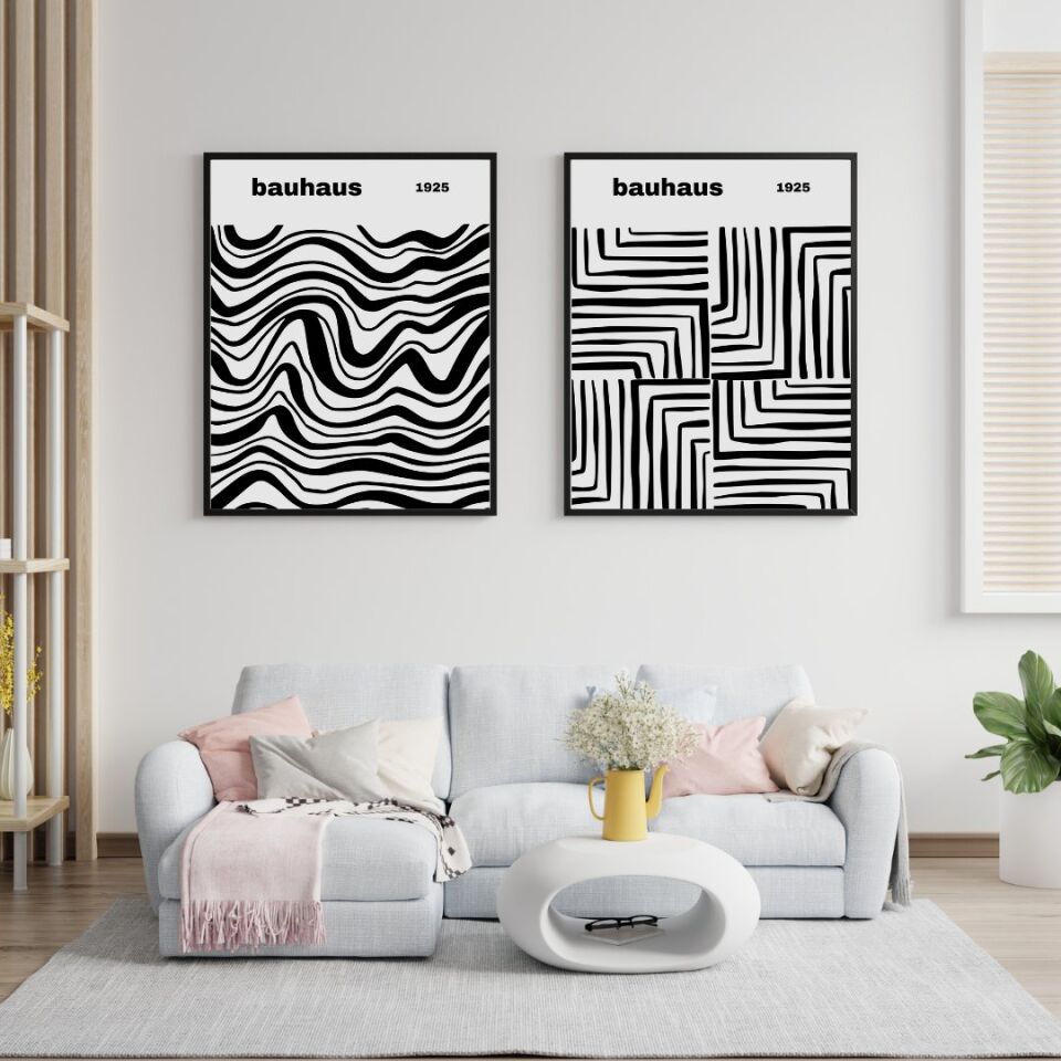 Bauhaus Siyah Çizgiler Duvar Tablosu Çerçeveli 2'li Set
