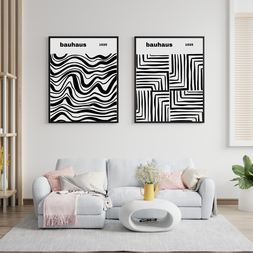 Bauhaus Siyah Çizgiler Duvar Tablosu Çerçeveli 2'li Set Siyah - 35 x 50