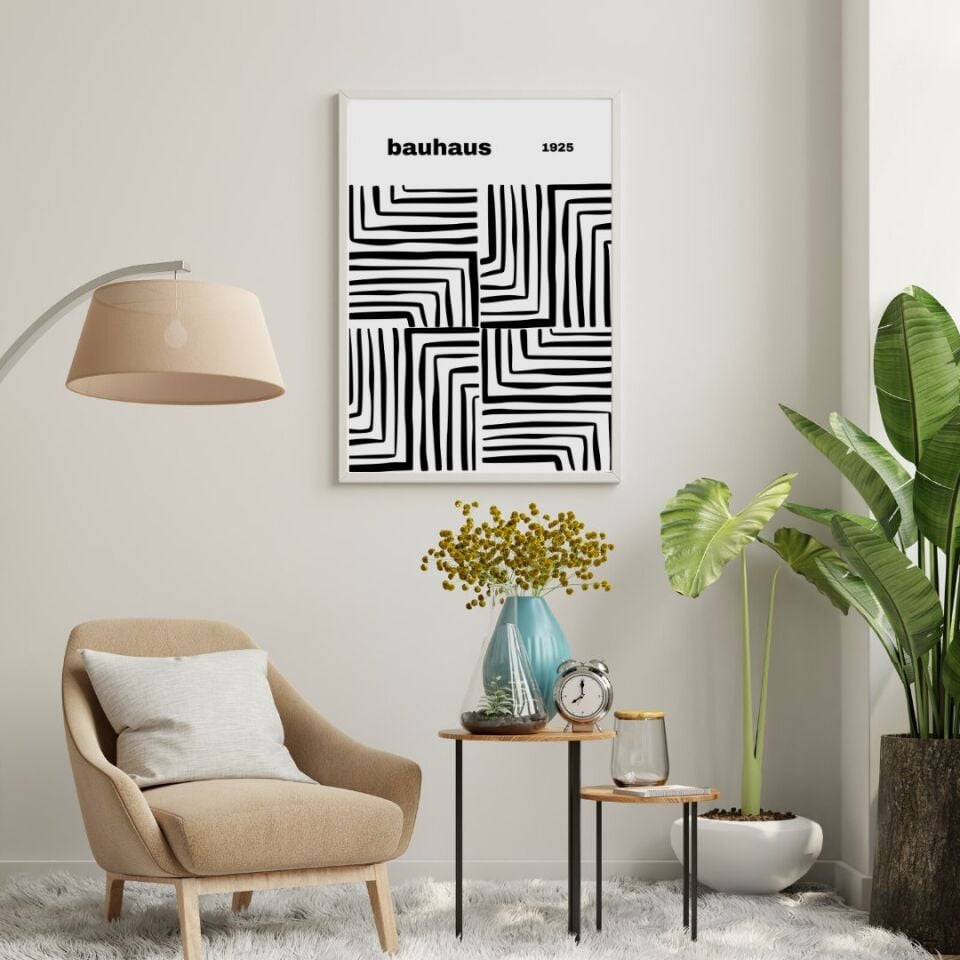 Bauhaus Siyah Çizgiler Duvar Tablosu Çerçeveli 2'li Set Beyaz - 50 x 70