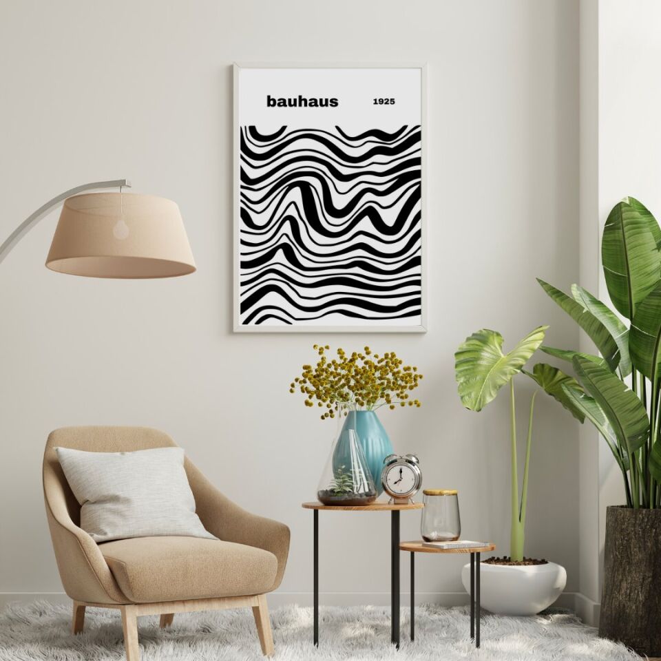 Bauhaus Siyah Çizgiler Duvar Tablosu Çerçeveli 2'li Set Beyaz - 30 x 42