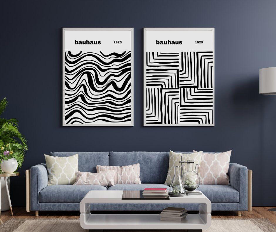 Bauhaus Siyah Çizgiler Duvar Tablosu Çerçeveli 2'li Set Beyaz - 35 x 50