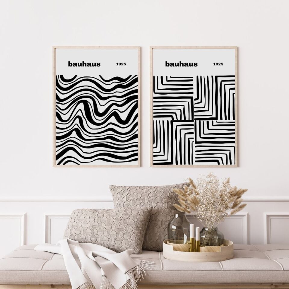 Bauhaus Siyah Çizgiler Duvar Tablosu Çerçeveli 2'li Set Ahşap - 21 x 30
