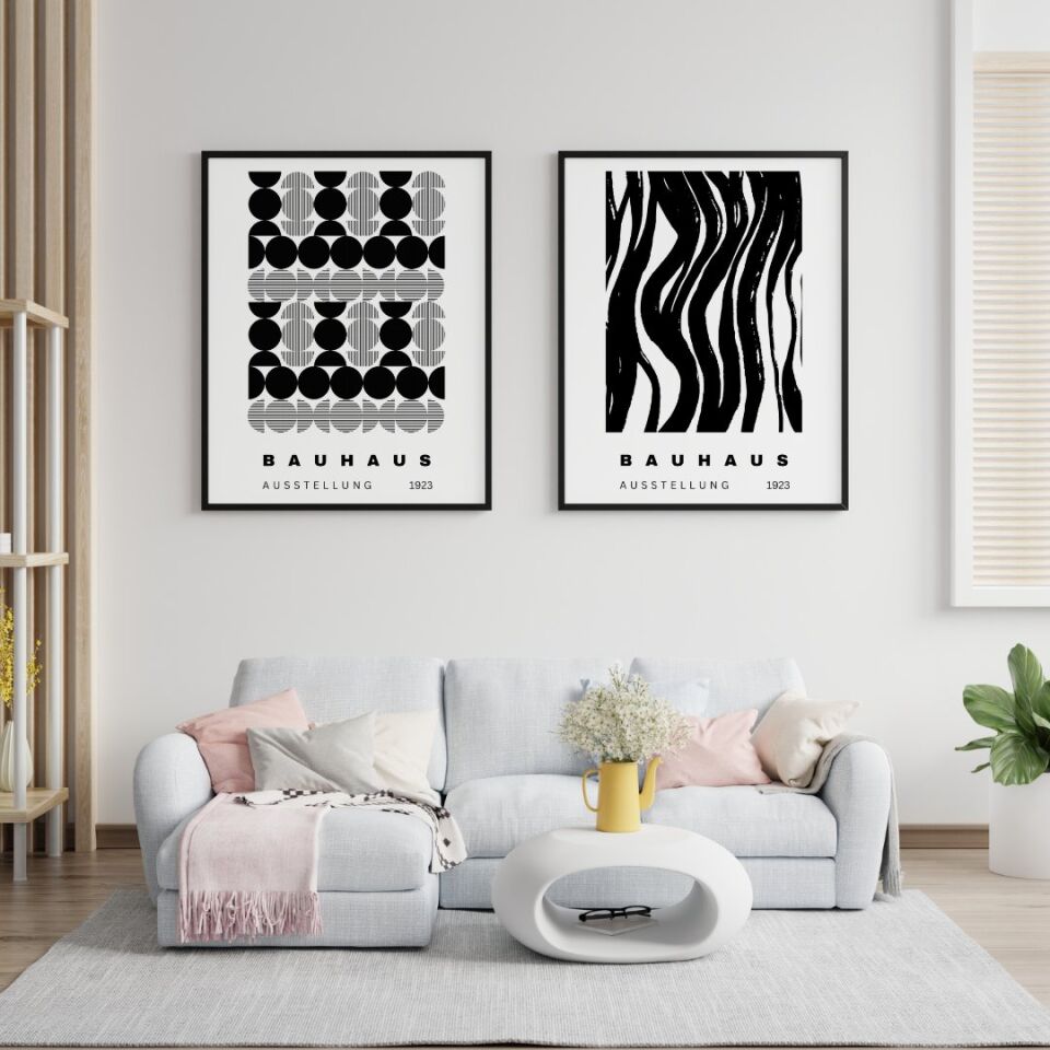 Siyah Beyaz Şekiller Duvar Tablosu Çerçeveli 2'li Set Siyah - 30 x 42