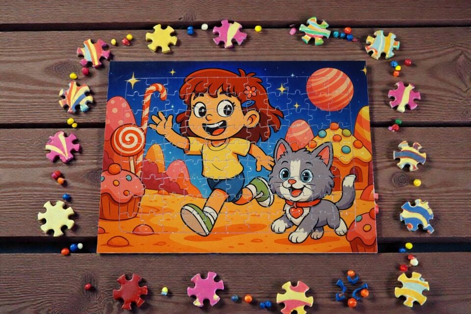 240 Parça A3 Puzzle Piroş ve Mırmır Şeker Gezegeninde Hayellerden Doğan Puzzle
