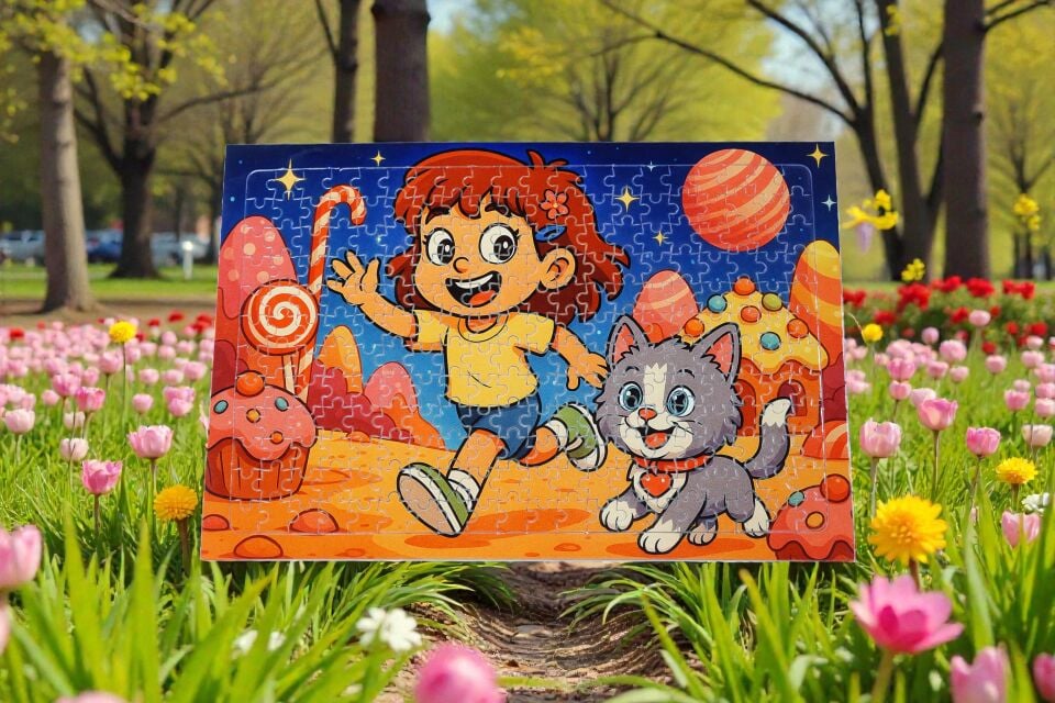 240 Parça A3 Puzzle Piroş ve Mırmır Şeker Gezegeninde Hayellerden Doğan Puzzle