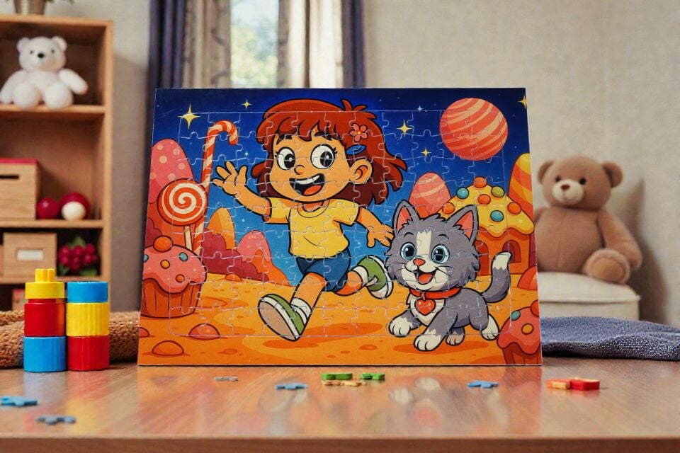 96 Parça A4 Puzzle Piroş ve Mırmır Şeker Gezegeninde Hayellerden Doğan Puzzle