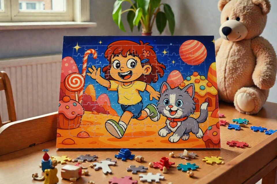 96 Parça A4 Puzzle Piroş ve Mırmır Şeker Gezegeninde Hayellerden Doğan Puzzle