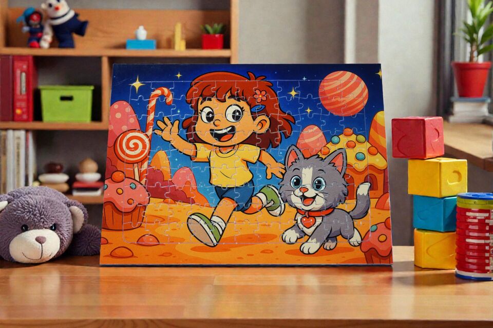 96 Parça A4 Puzzle Piroş ve Mırmır Şeker Gezegeninde Hayellerden Doğan Puzzle