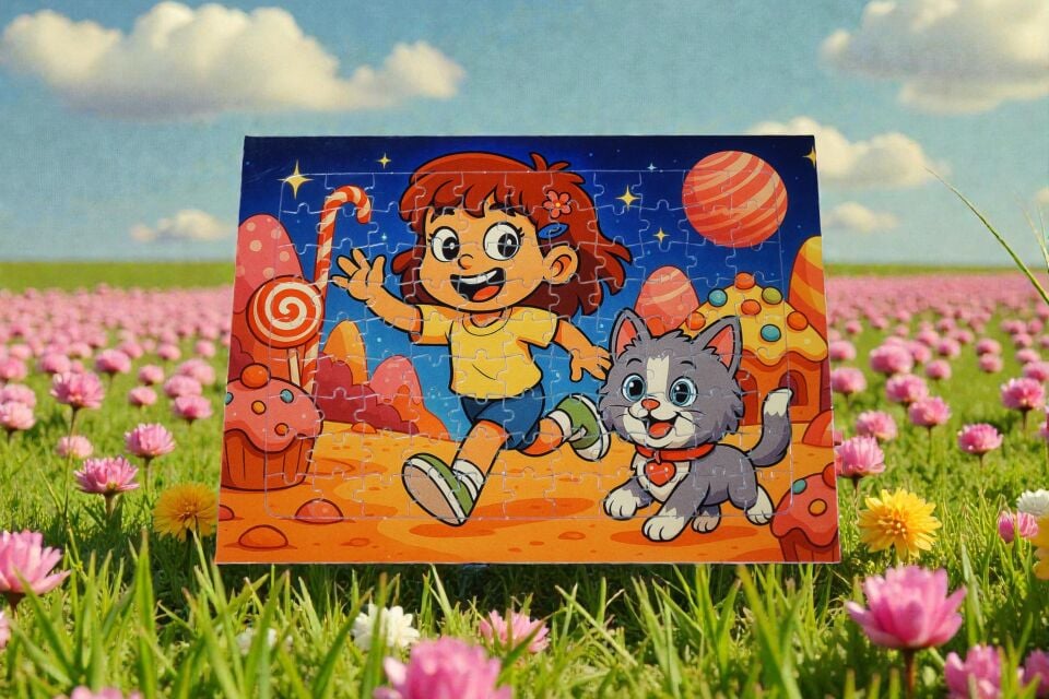 96 Parça A4 Puzzle Piroş ve Mırmır Şeker Gezegeninde Hayellerden Doğan Puzzle