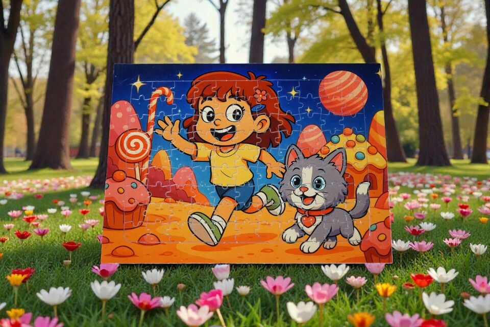 96 Parça A4 Puzzle Piroş ve Mırmır Şeker Gezegeninde Hayellerden Doğan Puzzle