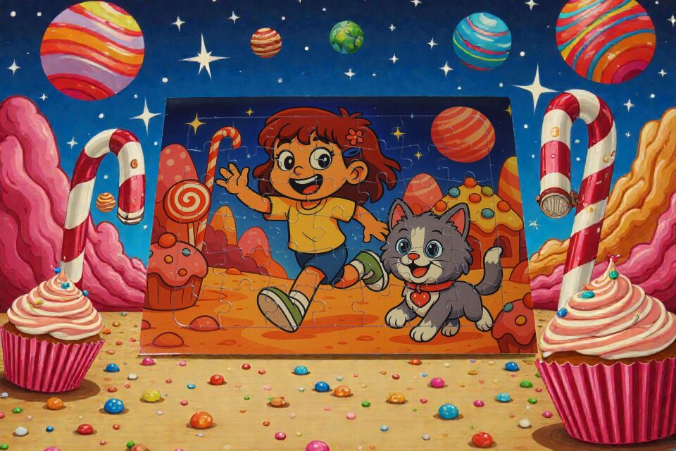 42 Parça A4 Puzzle Piroş ve Mırmır Şeker Gezegeninde Hayellerden Doğan Puzzle