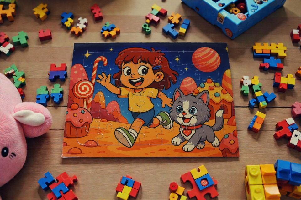42 Parça A4 Puzzle Piroş ve Mırmır Şeker Gezegeninde Hayellerden Doğan Puzzle