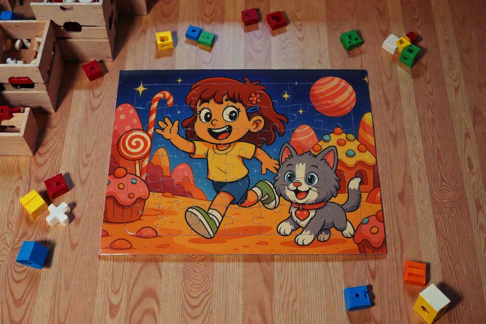 42 Parça A4 Puzzle Piroş ve Mırmır Şeker Gezegeninde Hayellerden Doğan Puzzle
