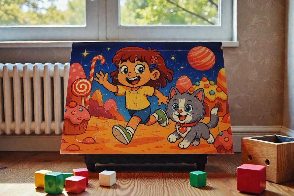 42 Parça A4 Puzzle Piroş ve Mırmır Şeker Gezegeninde Hayellerden Doğan Puzzle