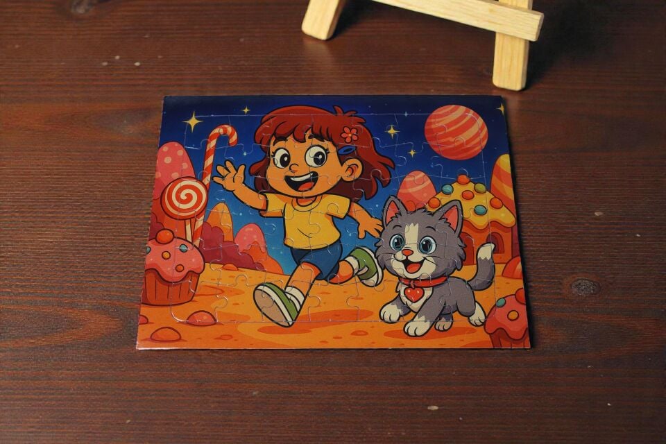 42 Parça A4 Puzzle Piroş ve Mırmır Şeker Gezegeninde Hayellerden Doğan Puzzle