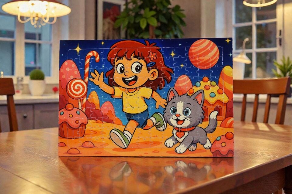 130 Parça A3 Puzzle Piroş ve Mırmır Şeker Gezegeninde Hayellerden Doğan Puzzle