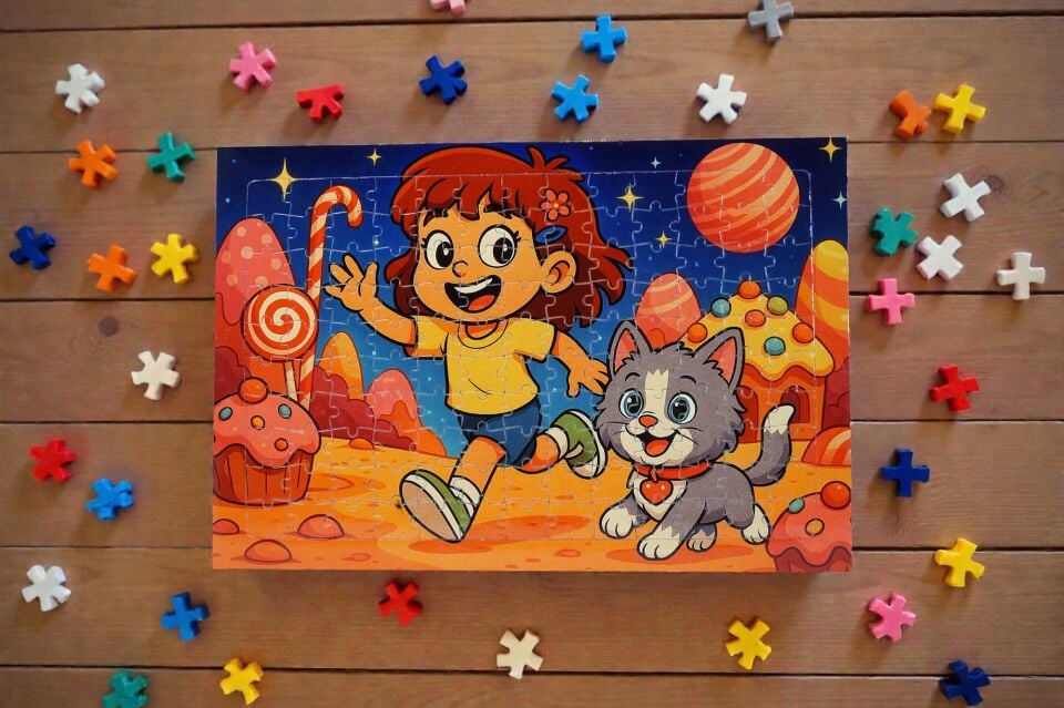 130 Parça A3 Puzzle Piroş ve Mırmır Şeker Gezegeninde Hayellerden Doğan Puzzle