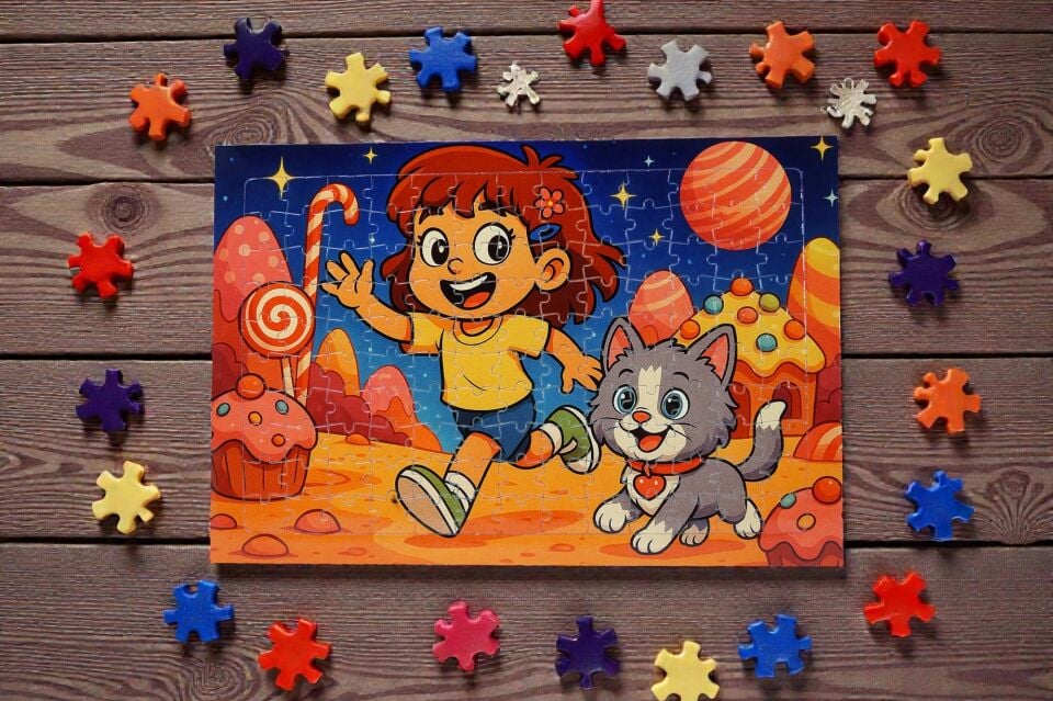 130 Parça A3 Puzzle Piroş ve Mırmır Şeker Gezegeninde Hayellerden Doğan Puzzle