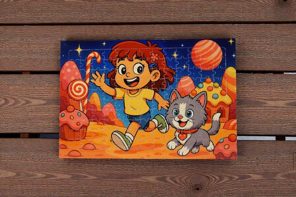 130 Parça A3 Puzzle Piroş ve Mırmır Şeker Gezegeninde Hayellerden Doğan Puzzle