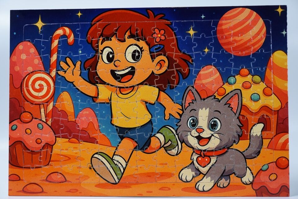 130 Parça A3 Puzzle Piroş ve Mırmır Şeker Gezegeninde Hayellerden Doğan Puzzle