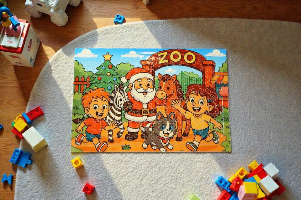 240 Parça A3 Puzzle Piroş Aliş ve Mırmır Hayvanat Bahçesinde Hayellerden Doğan Puzzle