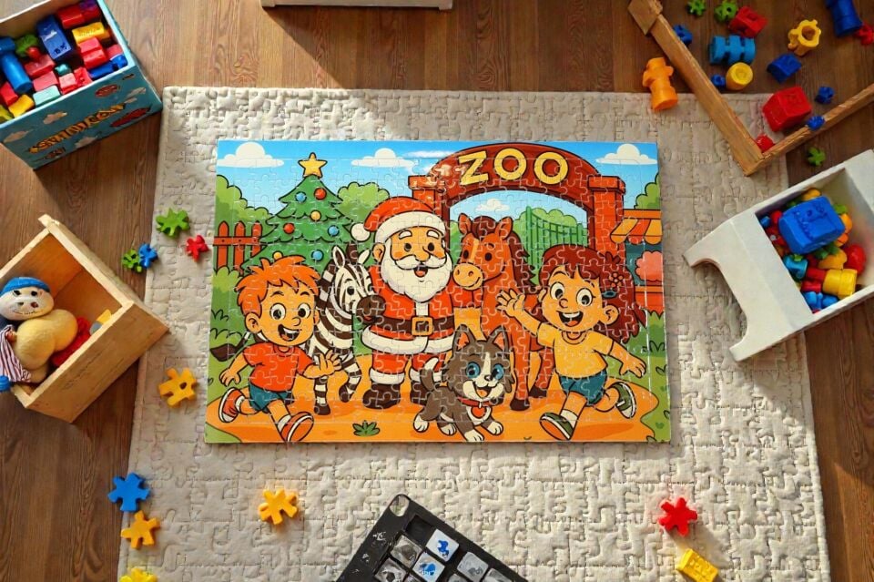 240 Parça A3 Puzzle Piroş Aliş ve Mırmır Hayvanat Bahçesinde Hayellerden Doğan Puzzle