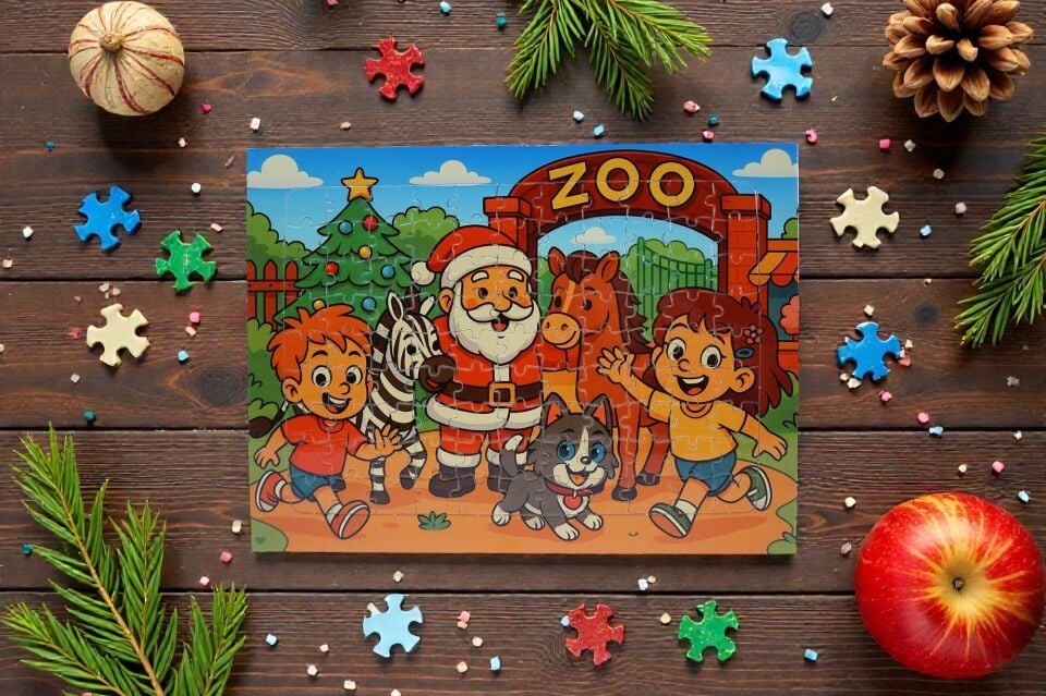 96 Parça A4 Puzzle Piroş Aliş ve Mırmır Hayvanat Bahçesinde Hayellerden Doğan Puzzle