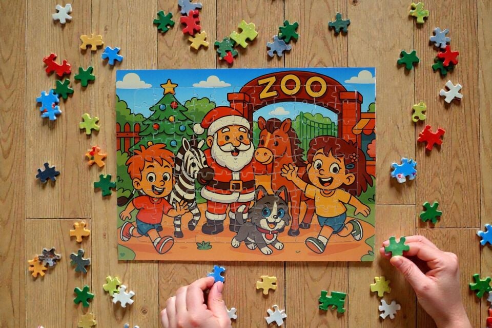 96 Parça A4 Puzzle Piroş Aliş ve Mırmır Hayvanat Bahçesinde Hayellerden Doğan Puzzle