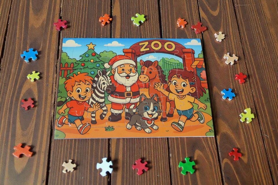 42 Parça A4 Puzzle Piroş Aliş ve Mırmır Hayvanat Bahçesinde Hayellerden Doğan Puzzle