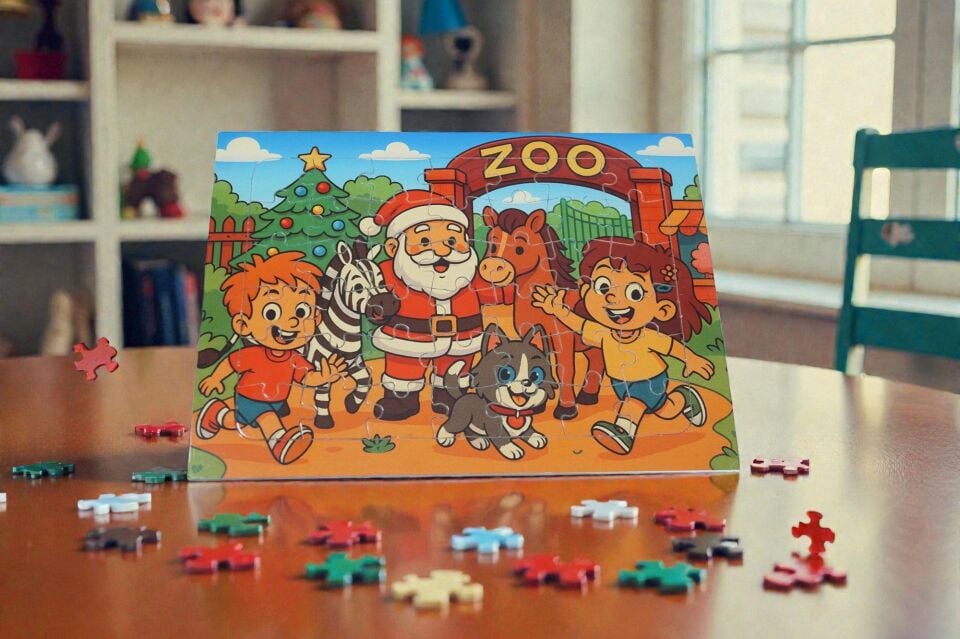 42 Parça A4 Puzzle Piroş Aliş ve Mırmır Hayvanat Bahçesinde Hayellerden Doğan Puzzle