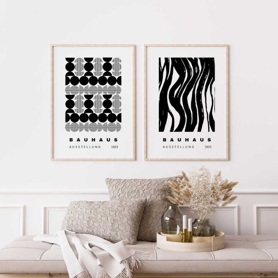 Siyah Beyaz Şekiller Duvar Tablosu Çerçeveli 2'li Set Ahşap - 50 x 70