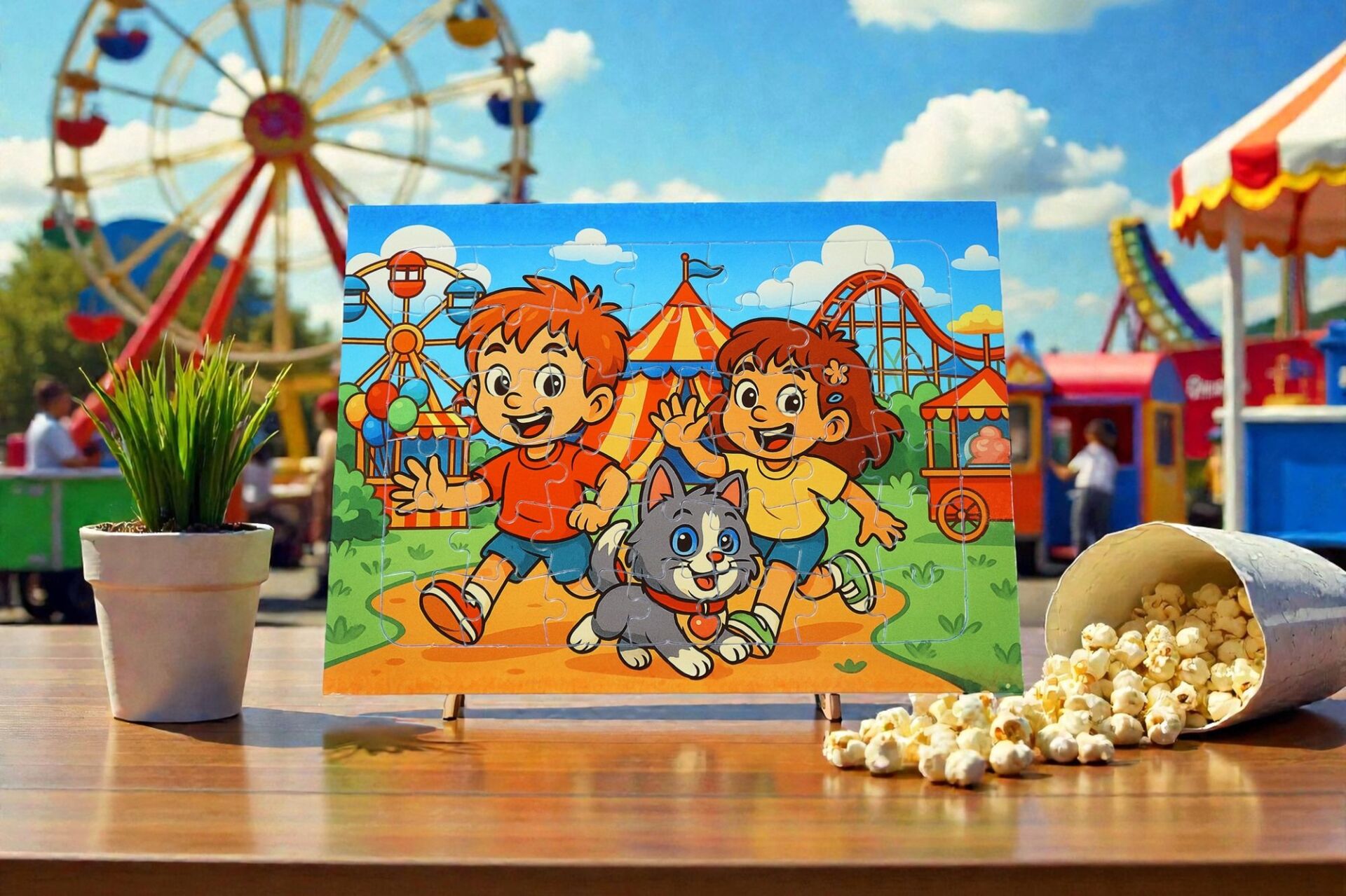 42 Parça A4 Puzzle Piroş Aliş ve ve Mırmır Lünaparkta Hayellerden Doğan Puzzle