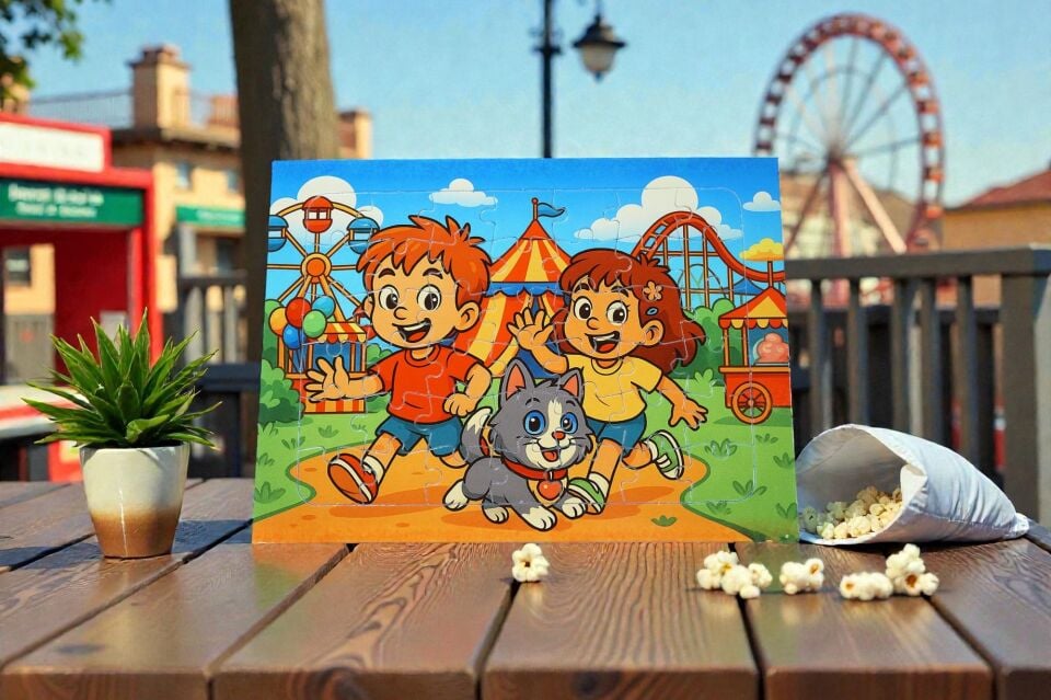 42 Parça A4 Puzzle Piroş Aliş ve ve Mırmır Lünaparkta Hayellerden Doğan Puzzle