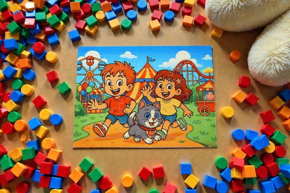 42 Parça A4 Puzzle Piroş Aliş ve ve Mırmır Lünaparkta Hayellerden Doğan Puzzle