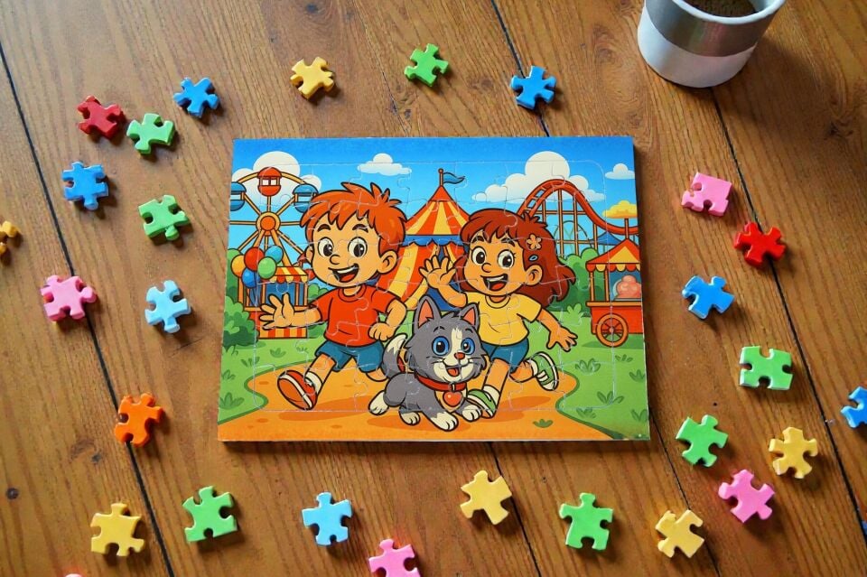 42 Parça A4 Puzzle Piroş Aliş ve ve Mırmır Lünaparkta Hayellerden Doğan Puzzle