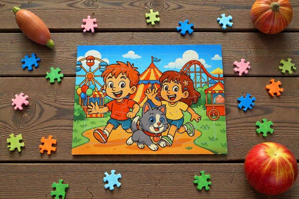 42 Parça A4 Puzzle Piroş Aliş ve ve Mırmır Lünaparkta Hayellerden Doğan Puzzle