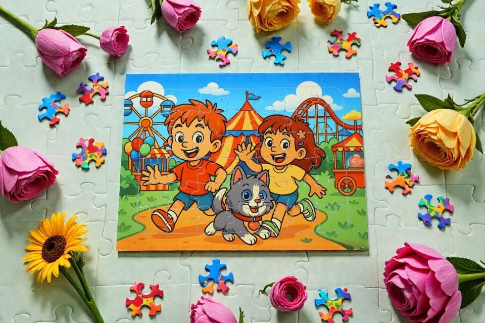 42 Parça A4 Puzzle Piroş Aliş ve ve Mırmır Lünaparkta Hayellerden Doğan Puzzle