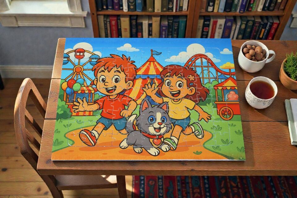 96 Parça A4 Puzzle Piroş Aliş ve Mırmır Lünaparkta Hayellerden Doğan Puzzle