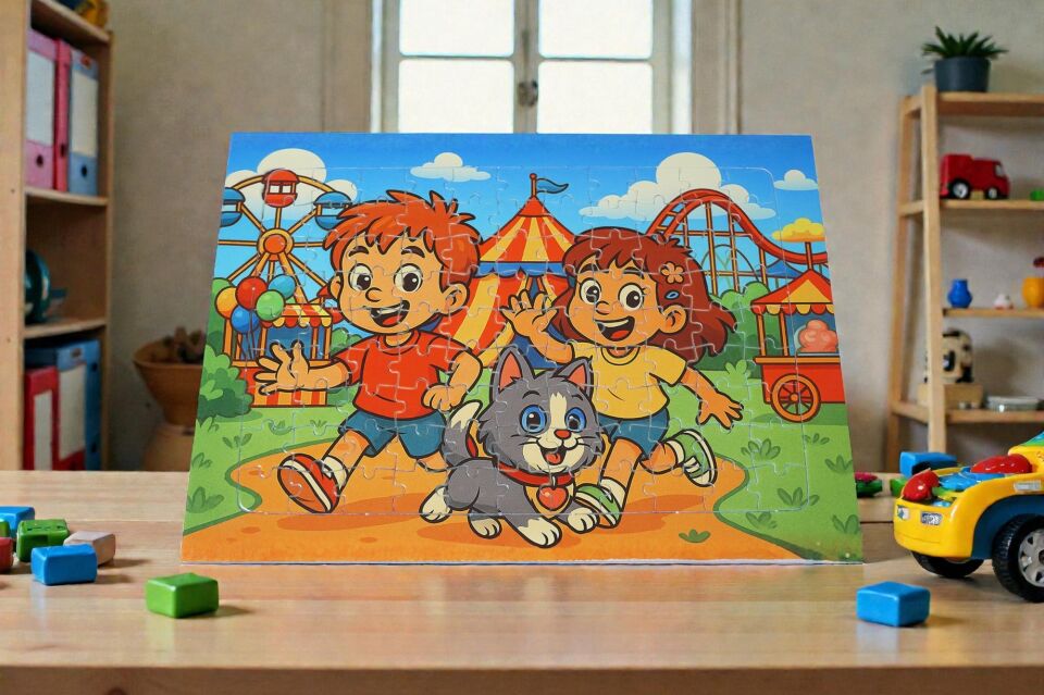 96 Parça A4 Puzzle Piroş Aliş ve Mırmır Lünaparkta Hayellerden Doğan Puzzle