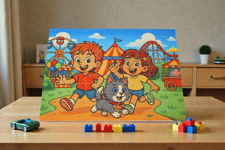 96 Parça A4 Puzzle Piroş Aliş ve Mırmır Lünaparkta Hayellerden Doğan Puzzle